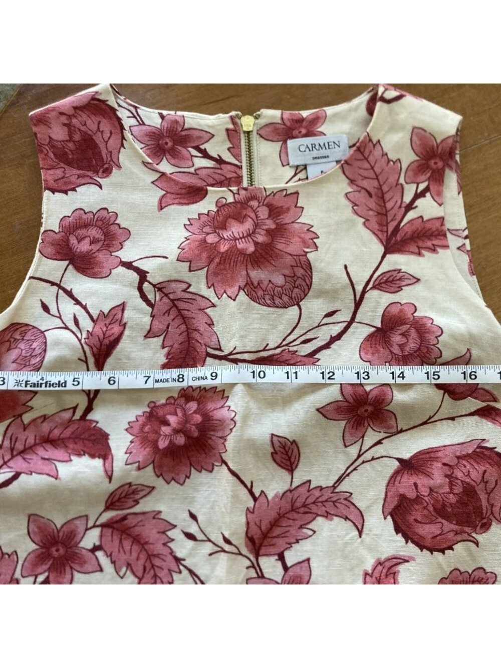 Floral Linen Blend Sleeveless Dress By Carmen Marc Valvo Size 8 With Back Zipper - Picture 4 of 5
